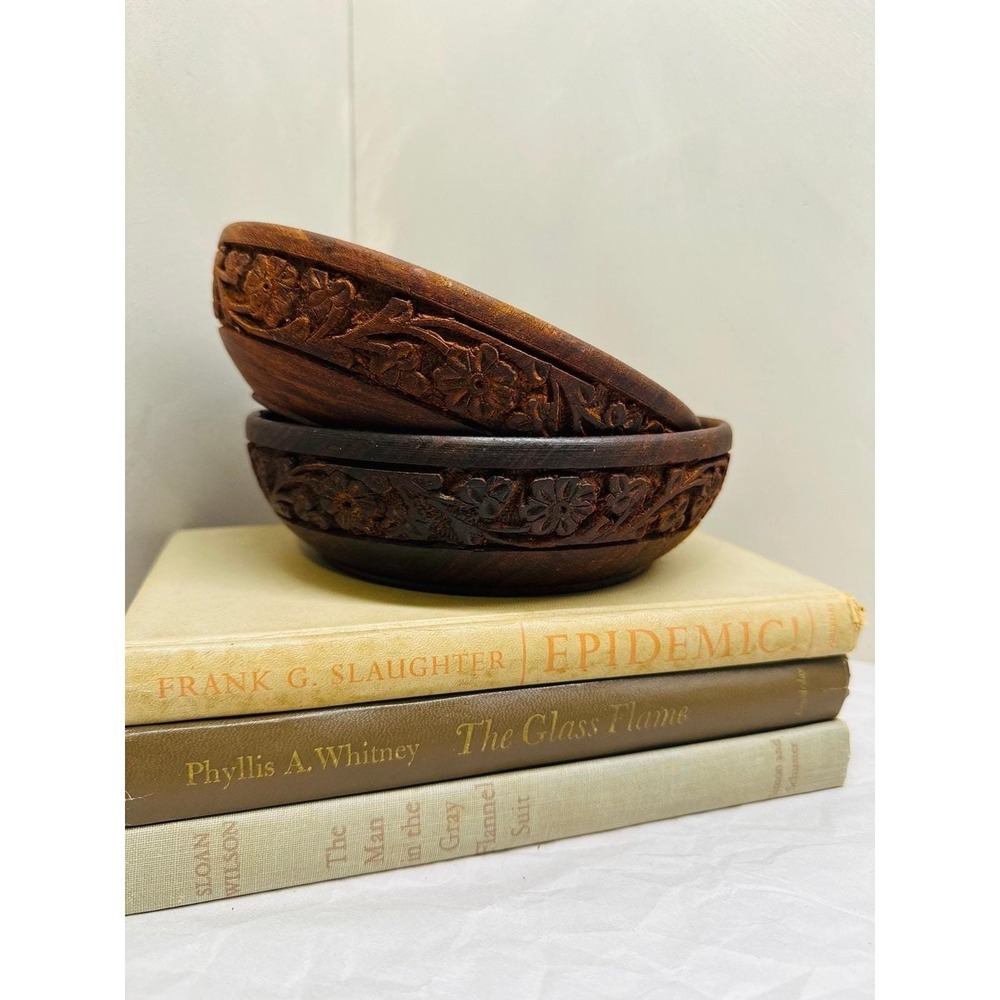 Vintage Teak Hand Carved Floral Wooden Bowls Set 2 6.5x2